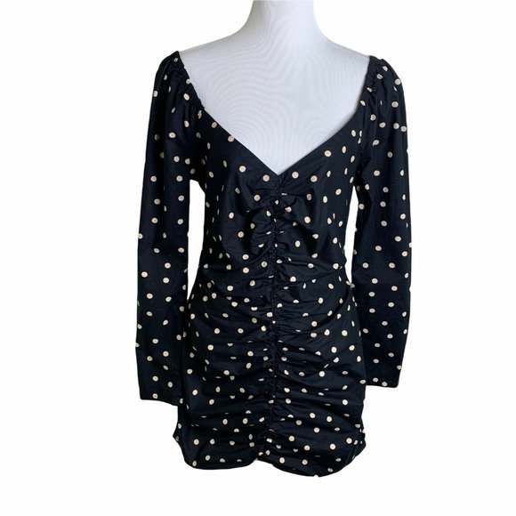 Asos Black Polka Dot Print Cotton Ruched Off The Shoulder Mini Dress Womens 10 - Picture 12 of 12